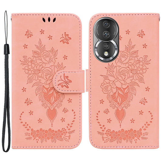 Phone Case For Honor 80 5G PU Leather Rose Butterfly Imprinted Stand Wallet Shockproof Phone Cover