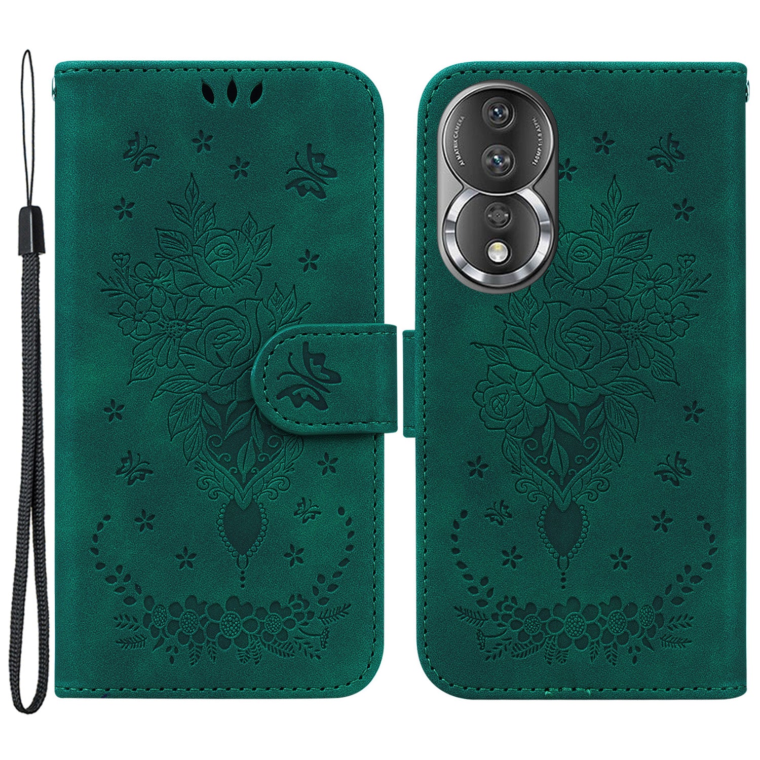 Phone Case For Honor 80 5G PU Leather Rose Butterfly Imprinted Stand Wallet Shockproof Phone Cover