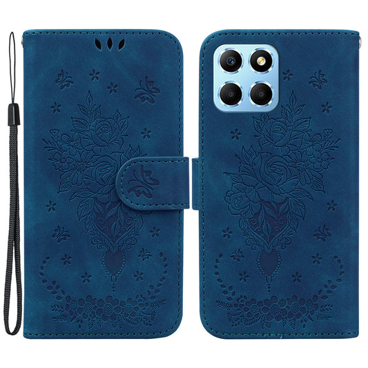 For Honor X8 5G PU Leather Wallet Case Imprinted Rose Butterfly Stand Phone Cover
