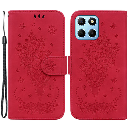 For Honor X8 5G PU Leather Wallet Case Imprinted Rose Butterfly Stand Phone Cover