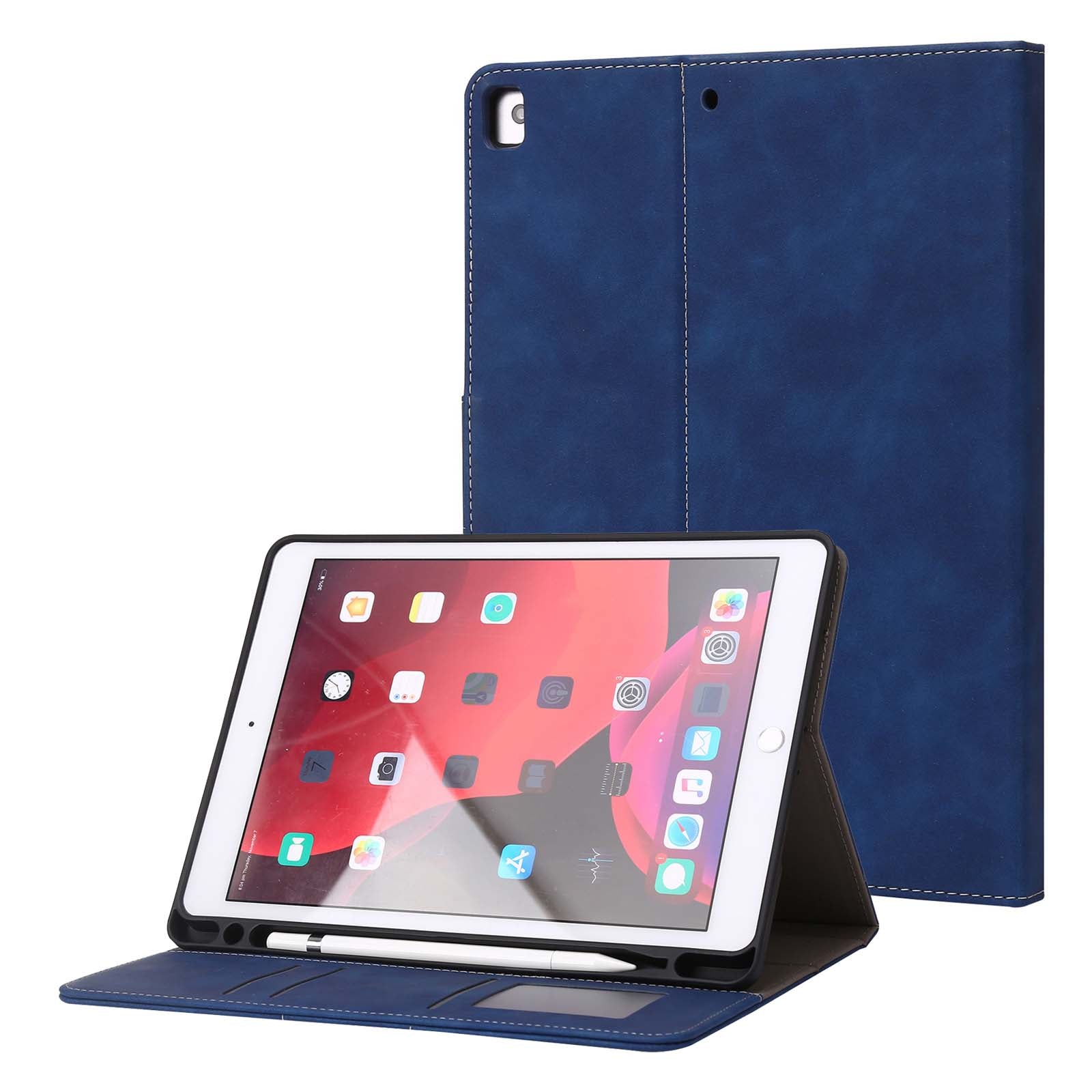 For iPad 10.2 (2021)/(2020)/(2019) PU Leather Smart Cover Wallet Design Folio Stand Tablet Case with Pencil Holder – Dark Blue