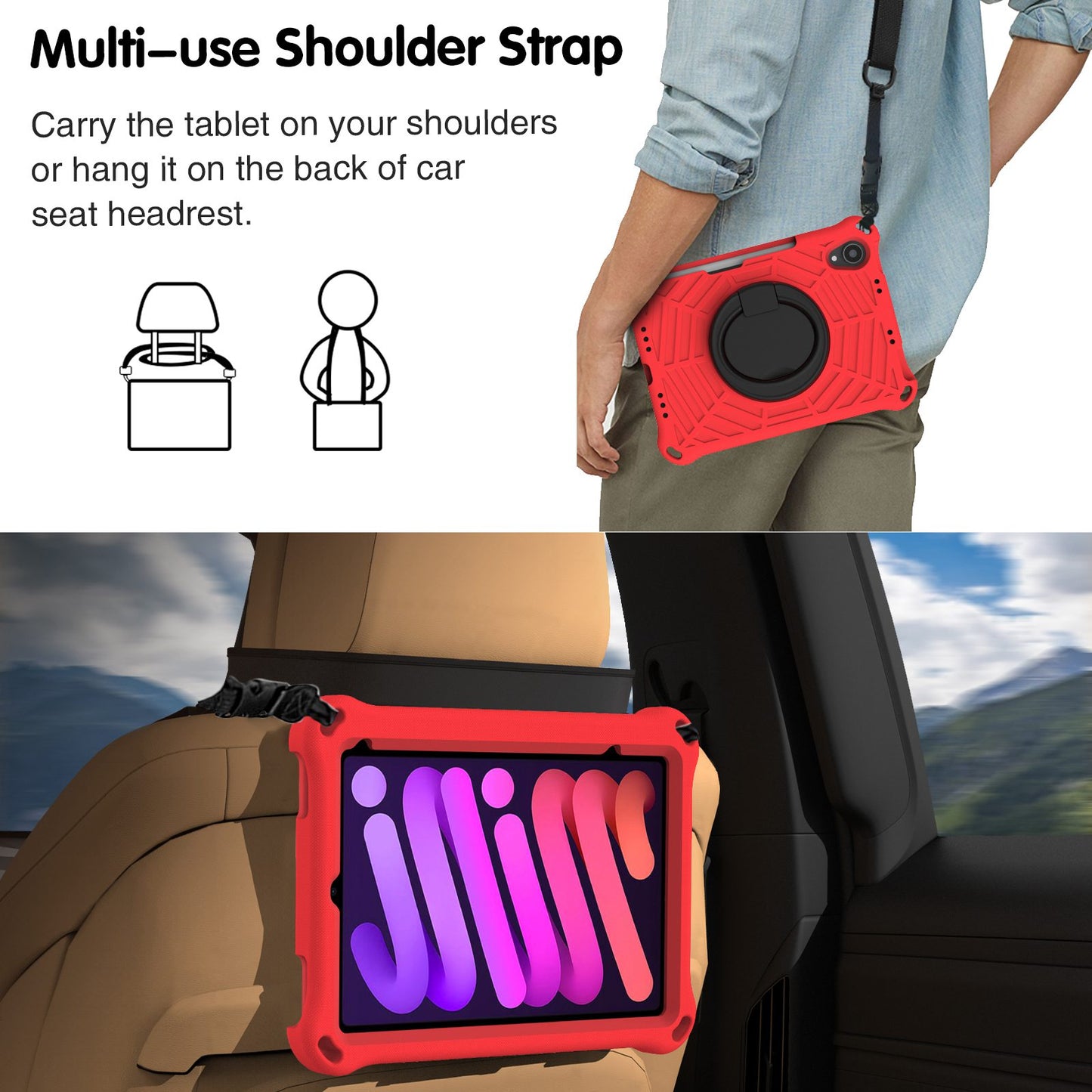 For iPad mini (2021) Anti-Scratch EVA Case with Shoulder Strap Kickstand Protective Cover Shockproof Tablet Case