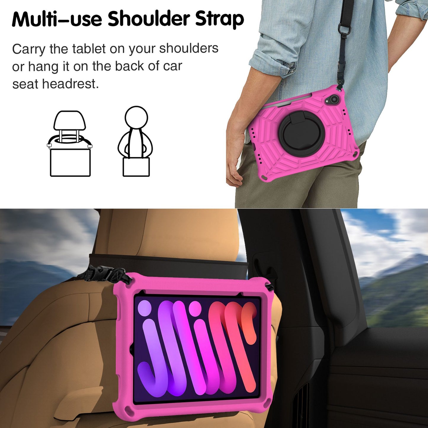 For iPad mini (2021) Anti-Scratch EVA Case with Shoulder Strap Kickstand Protective Cover Shockproof Tablet Case