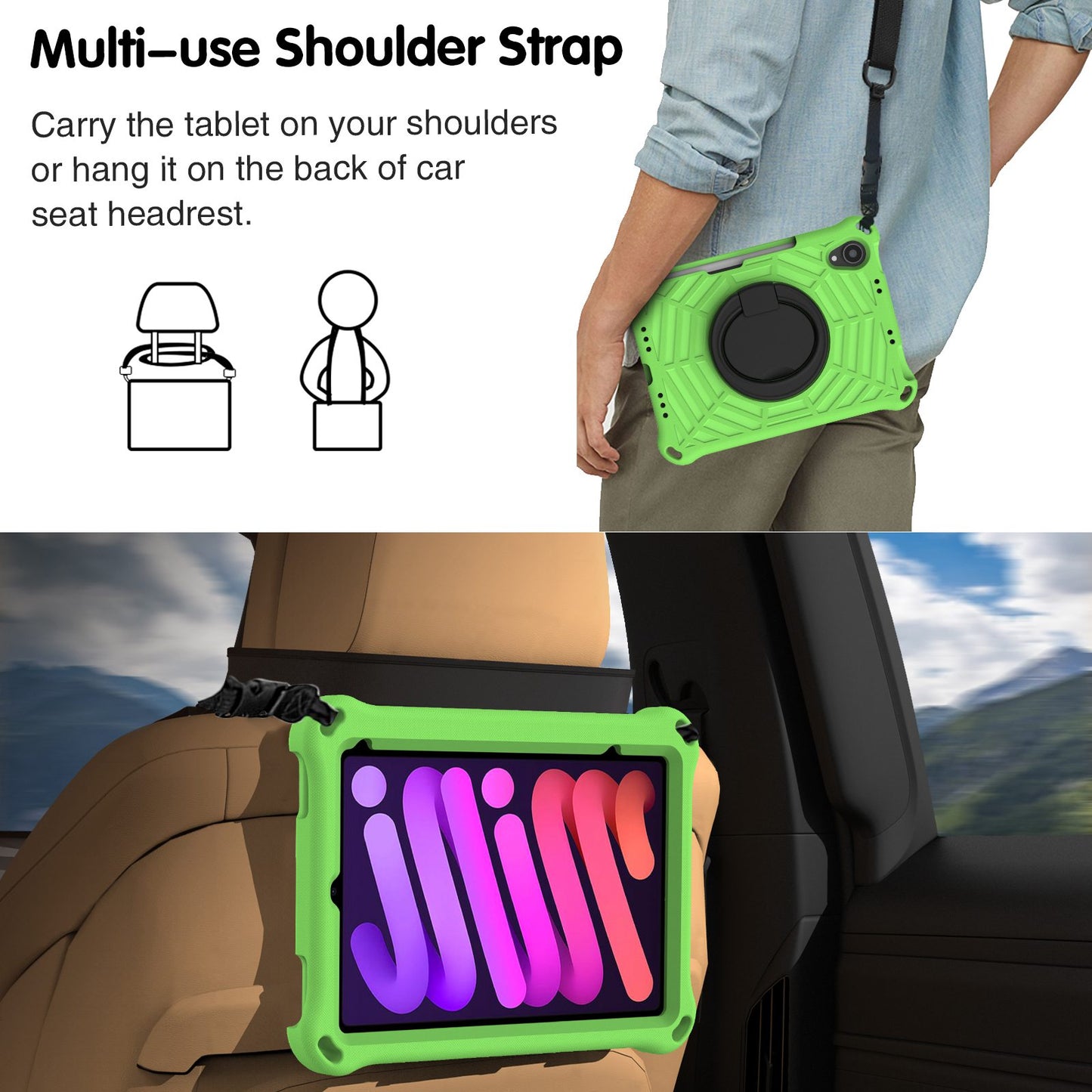 For iPad mini (2021) Anti-Scratch EVA Case with Shoulder Strap Kickstand Protective Cover Shockproof Tablet Case