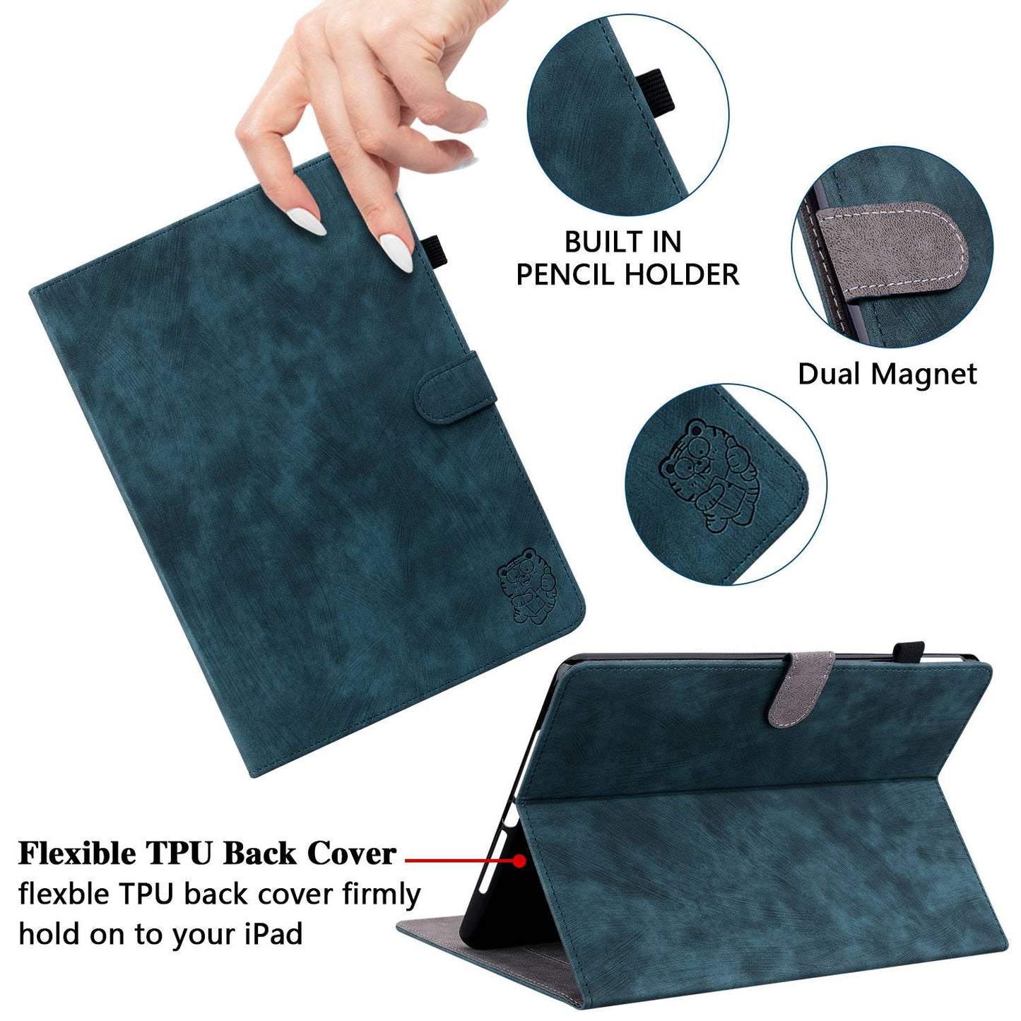 For iPad Air (2020) / (2022)  /  Pro 11-inch (2018) / (2020) / (2021) Anti-Fall Case Cute Tiger Pattern Imprinted TPU+PU Leather Cover with Stand / Card Slot, Auto Wake / Sleep Tablet Case