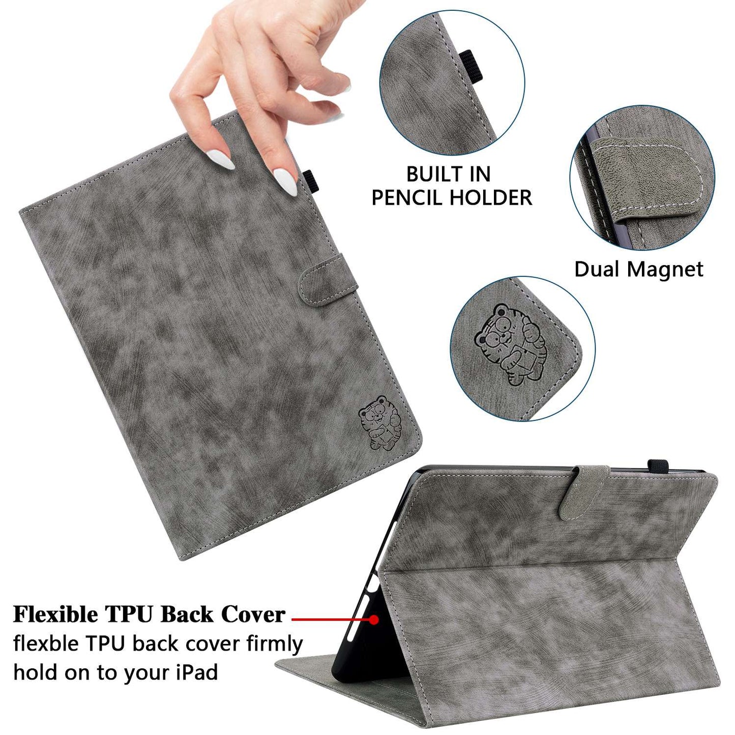 For iPad Air (2020) / (2022)  /  Pro 11-inch (2018) / (2020) / (2021) Anti-Fall Case Cute Tiger Pattern Imprinted TPU+PU Leather Cover with Stand / Card Slot, Auto Wake / Sleep Tablet Case