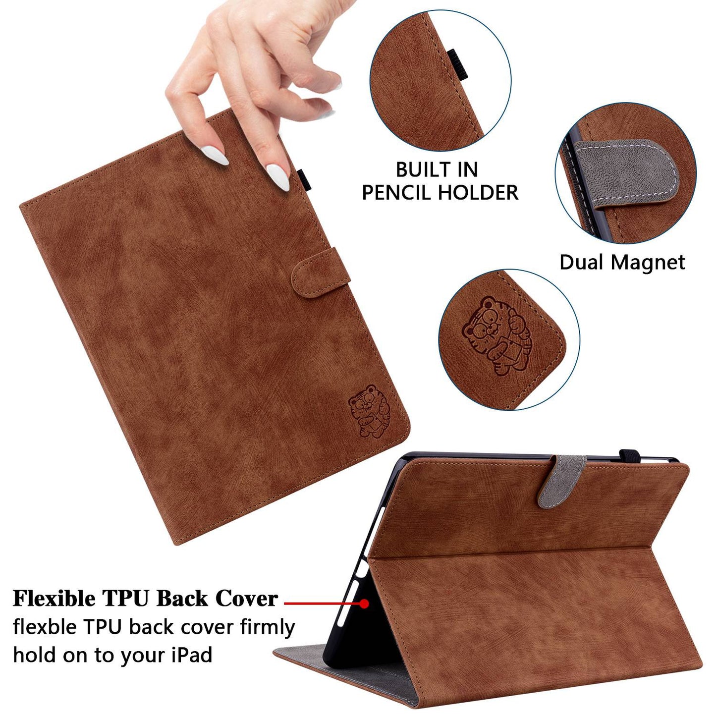 For iPad Air (2020) / (2022)  /  Pro 11-inch (2018) / (2020) / (2021) Anti-Fall Case Cute Tiger Pattern Imprinted TPU+PU Leather Cover with Stand / Card Slot, Auto Wake / Sleep Tablet Case
