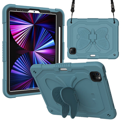 For iPad Pro 11-inch (2021) / (2020) / (2018) / iPad Air (2022) / (2020) Butterfly Shape Kickstand Tablet Case Silicone + PC Shockproof Cover with Shoulder Strap