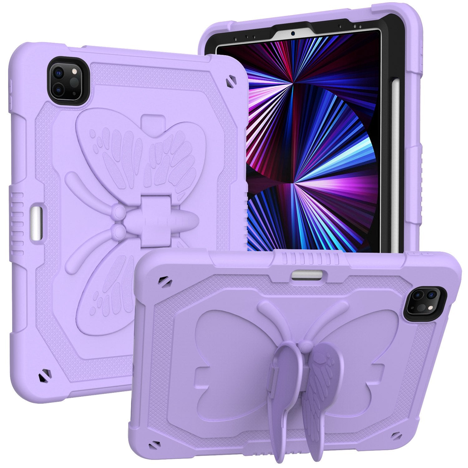 For iPad Pro 11-inch (2021) / (2020) / (2018) / iPad Air (2022) / (2020) Butterfly Shape Kickstand Tablet Case Silicone + PC Shockproof Cover with Shoulder Strap