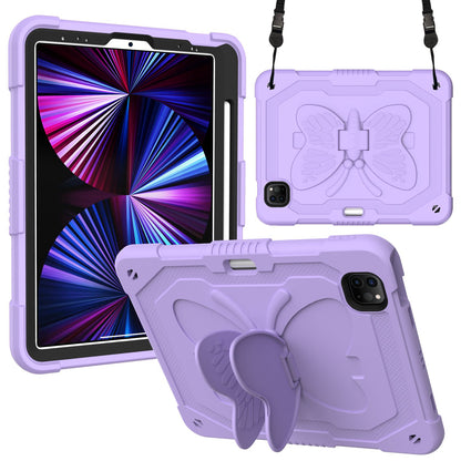 For iPad Pro 11-inch (2021) / (2020) / (2018) / iPad Air (2022) / (2020) Butterfly Shape Kickstand Tablet Case Silicone + PC Shockproof Cover with Shoulder Strap