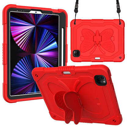 For iPad Pro 11-inch (2021) / (2020) / (2018) / iPad Air (2022) / (2020) Butterfly Shape Kickstand Tablet Case Silicone + PC Shockproof Cover with Shoulder Strap