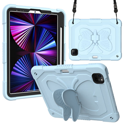 For iPad Pro 11-inch (2021) / (2020) / (2018) / iPad Air (2022) / (2020) Butterfly Shape Kickstand Tablet Case Silicone + PC Shockproof Cover with Shoulder Strap