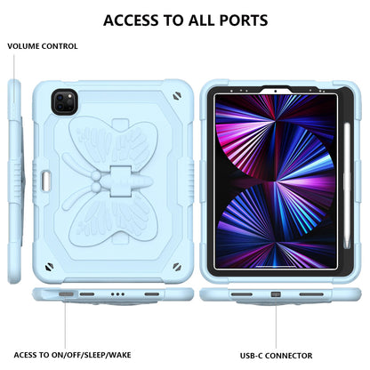 For iPad Pro 11-inch (2021) / (2020) / (2018) / iPad Air (2022) / (2020) Butterfly Shape Kickstand Tablet Case Silicone + PC Shockproof Cover with Shoulder Strap
