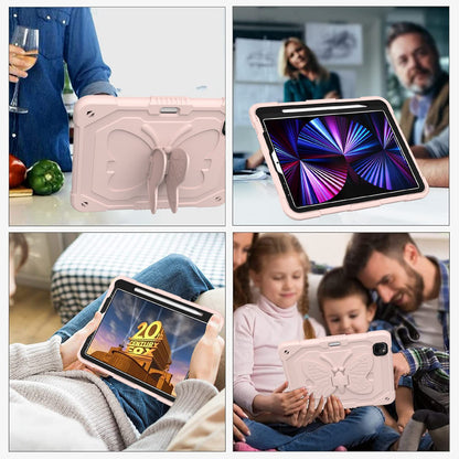 For iPad Pro 11-inch (2021) / (2020) / (2018) / iPad Air (2022) / (2020) Butterfly Shape Kickstand Tablet Case Silicone + PC Shockproof Cover with Shoulder Strap