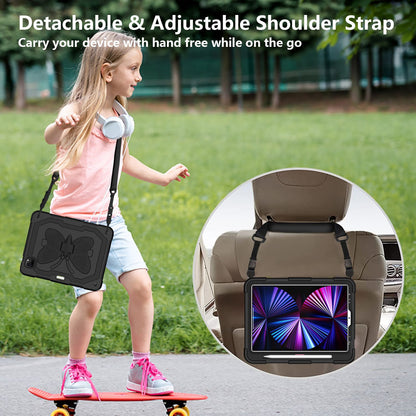 For iPad Pro 11-inch (2021) / (2020) / (2018) / iPad Air (2022) / (2020) Butterfly Shape Kickstand Tablet Case Silicone + PC Shockproof Cover with Shoulder Strap