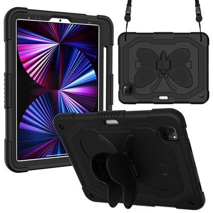 For iPad Pro 11-inch (2021) / (2020) / (2018) / iPad Air (2022) / (2020) Butterfly Shape Kickstand Tablet Case Silicone + PC Shockproof Cover with Shoulder Strap
