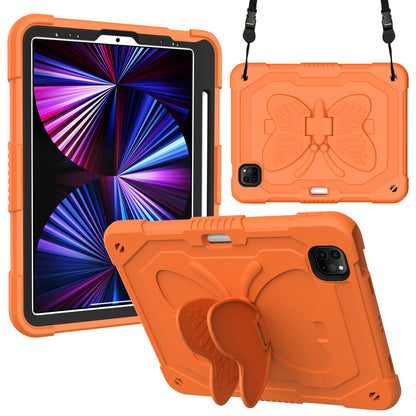 For iPad Pro 11-inch (2021) / (2020) / (2018) / iPad Air (2022) / (2020) Butterfly Shape Kickstand Tablet Case Silicone + PC Shockproof Cover with Shoulder Strap