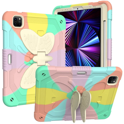 For iPad Pro 11-inch (2021) / (2020) / (2018) / iPad Air (2022) / (2020) Silicone + PC Tablet Case Butterfly Shape Kickstand Drop-proof Cover with Shoulder Strap
