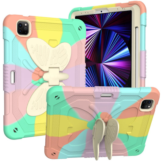 For iPad Pro 11-inch (2021) / (2020) / (2018) / iPad Air (2022) / (2020) Silicone + PC Tablet Case Butterfly Shape Kickstand Drop-proof Cover with Shoulder Strap