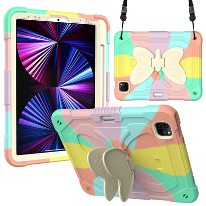 For iPad Pro 11-inch (2021) / (2020) / (2018) / iPad Air (2022) / (2020) Silicone + PC Tablet Case Butterfly Shape Kickstand Drop-proof Cover with Shoulder Strap