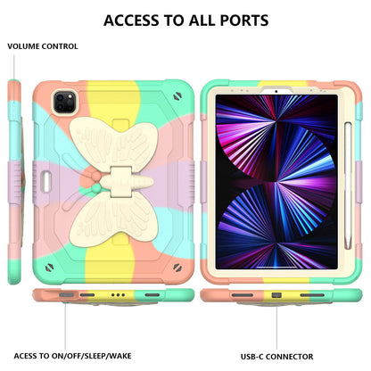 For iPad Pro 11-inch (2021) / (2020) / (2018) / iPad Air (2022) / (2020) Silicone + PC Tablet Case Butterfly Shape Kickstand Drop-proof Cover with Shoulder Strap