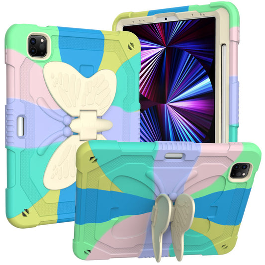 For iPad Pro 11-inch (2021) / (2020) / (2018) / iPad Air (2022) / (2020) Silicone + PC Tablet Case Butterfly Shape Kickstand Drop-proof Cover with Shoulder Strap