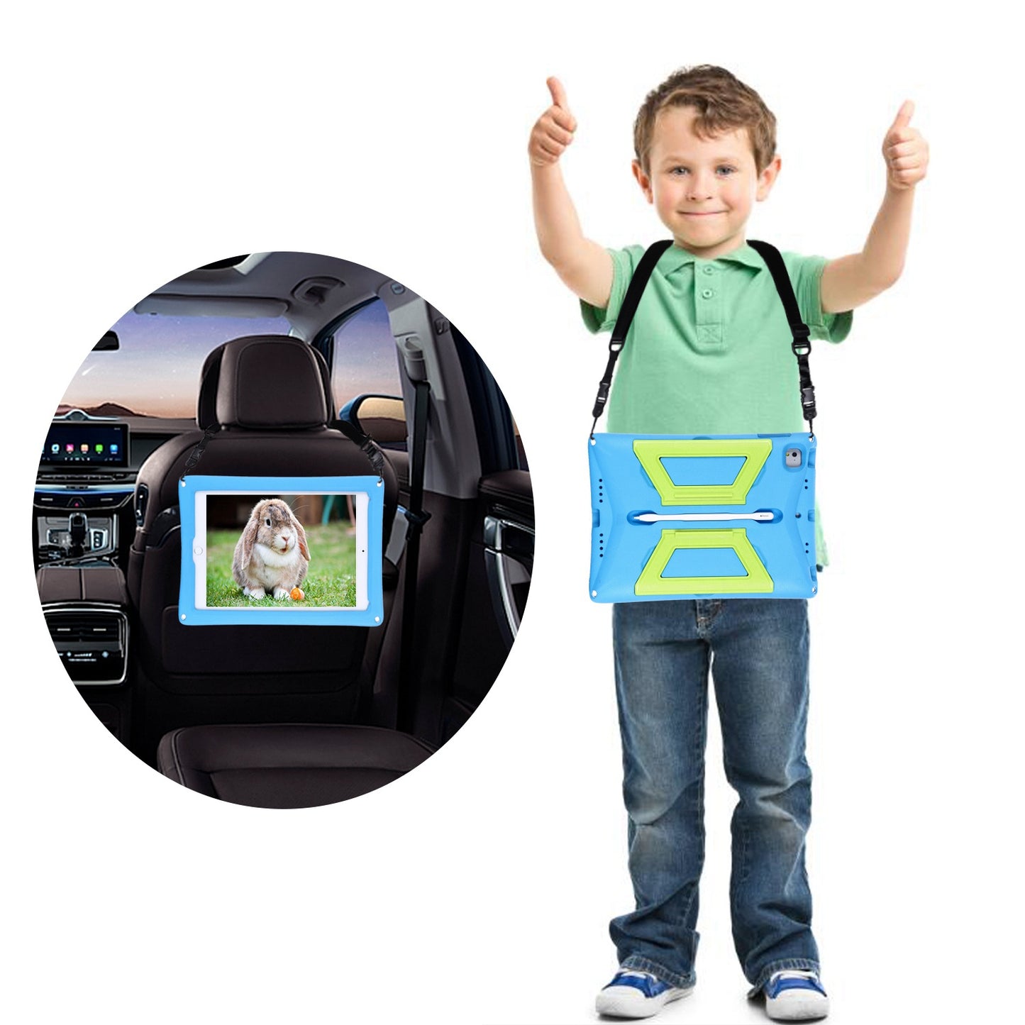For iPad Air (2013) / Air 2 / iPad 9.7-inch (2017) / (2018) Shockproof EVA + PC Tablet Cover Kickstand Protective Case with Shoulder Strap