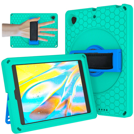 For iPad 10.2 (2021) / (2020) / (2019) Rotary Kickstand Hand Strap EVA+PC Case Anti-drop Tablet Cover with Shoulder Strap
