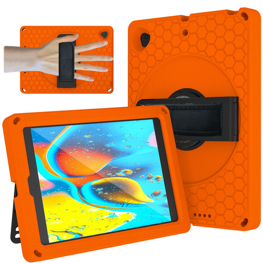For iPad 10.2 (2021) / (2020) / (2019) Rotary Kickstand Hand Strap EVA+PC Case Anti-drop Tablet Cover with Shoulder Strap