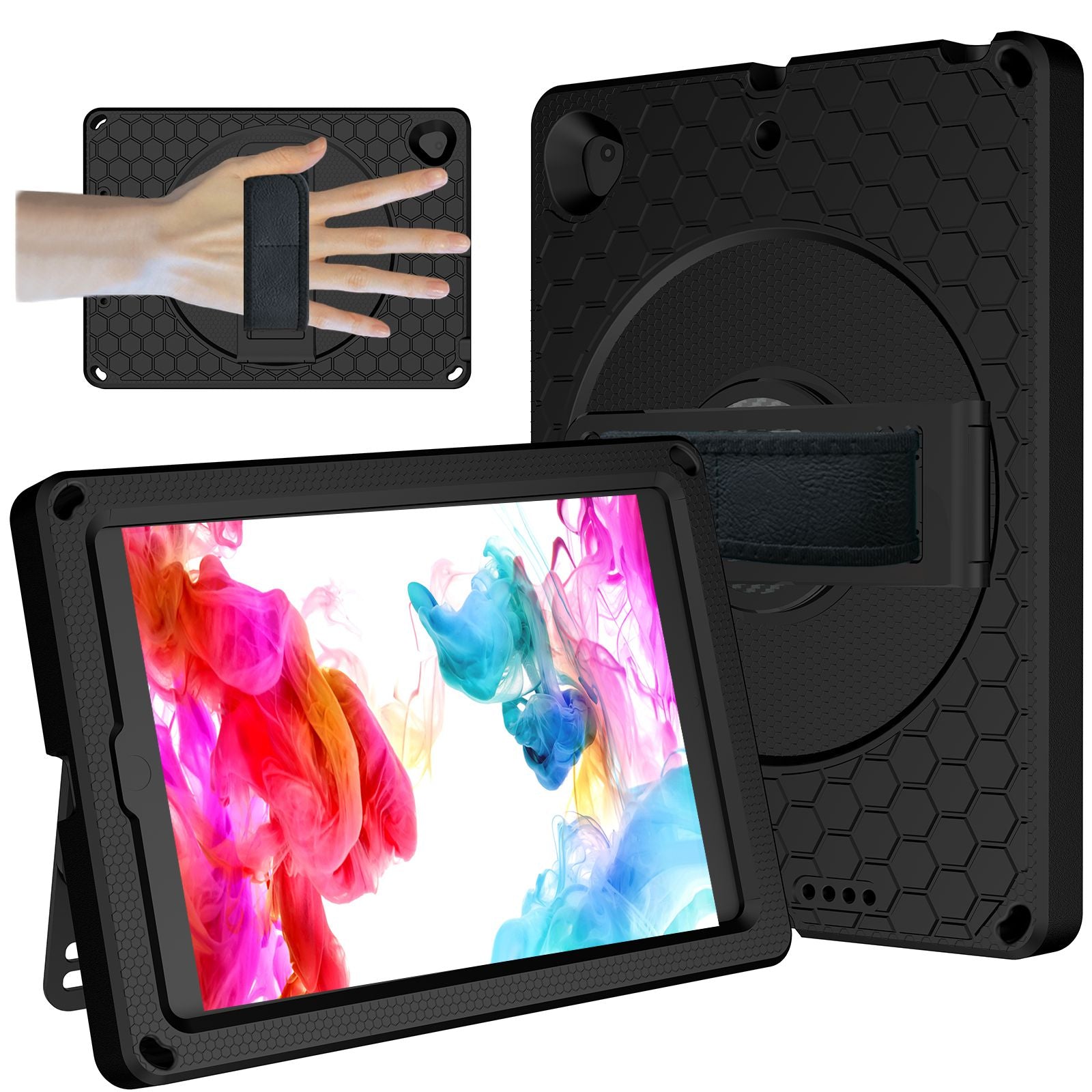 For iPad 10.2 (2021) / (2020) / (2019) Rotary Kickstand Hand Strap EVA+PC Case Anti-drop Tablet Cover with Shoulder Strap