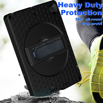 For iPad 10.2 (2021) / (2020) / (2019) Rotary Kickstand Hand Strap EVA+PC Case Anti-drop Tablet Cover with Shoulder Strap
