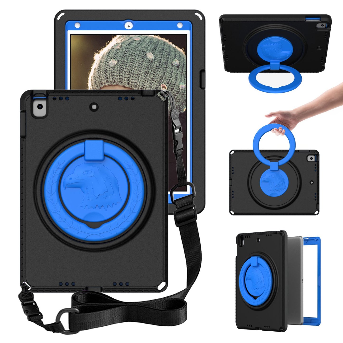 For iPad Air (2013) / Air 2  /  9.7-inch (2017) / (2018) EVA Shockproof Case with Shoulder Strap / Waterproof Screen Protector Anti-Scratch Cover Portable Tablet Case