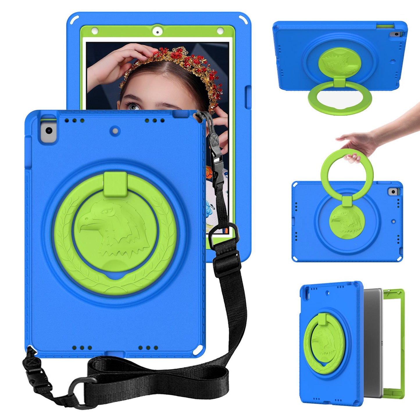 For iPad Air (2013) / Air 2  /  9.7-inch (2017) / (2018) EVA Shockproof Case with Shoulder Strap / Waterproof Screen Protector Anti-Scratch Cover Portable Tablet Case