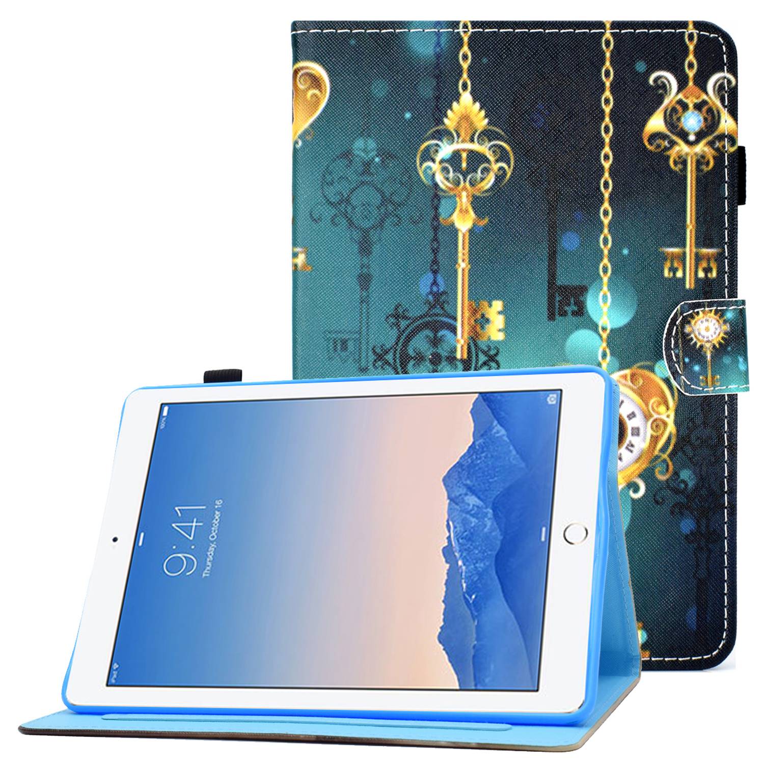 For iPad Air (2013) / Air 2 / iPad 9.7-inch (2017) / (2018) PU Leather Tablet Case Stitching Pattern Printing Stand Cover with Card Holder