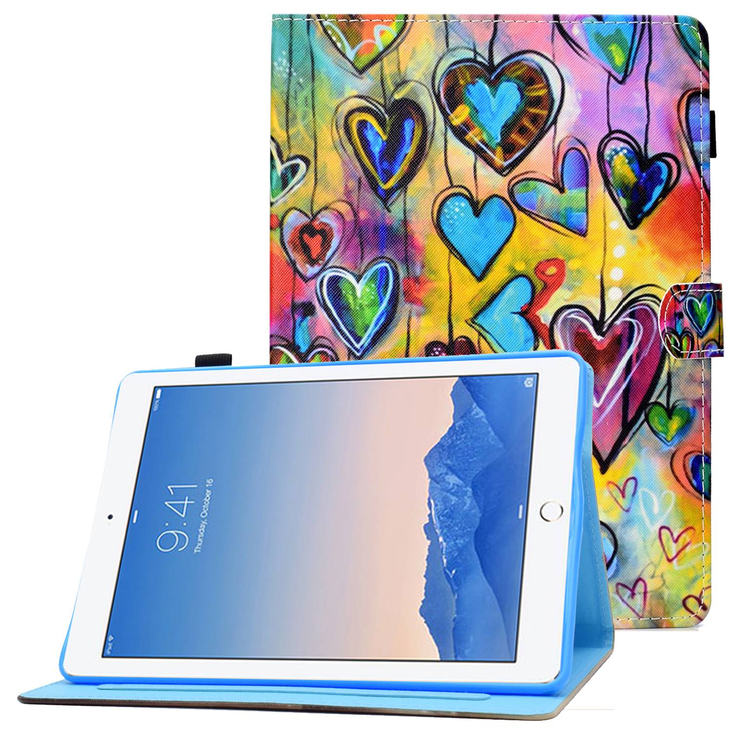 For iPad Air (2013) / Air 2 / iPad 9.7-inch (2017) / (2018) PU Leather Tablet Case Stitching Pattern Printing Stand Cover with Card Holder
