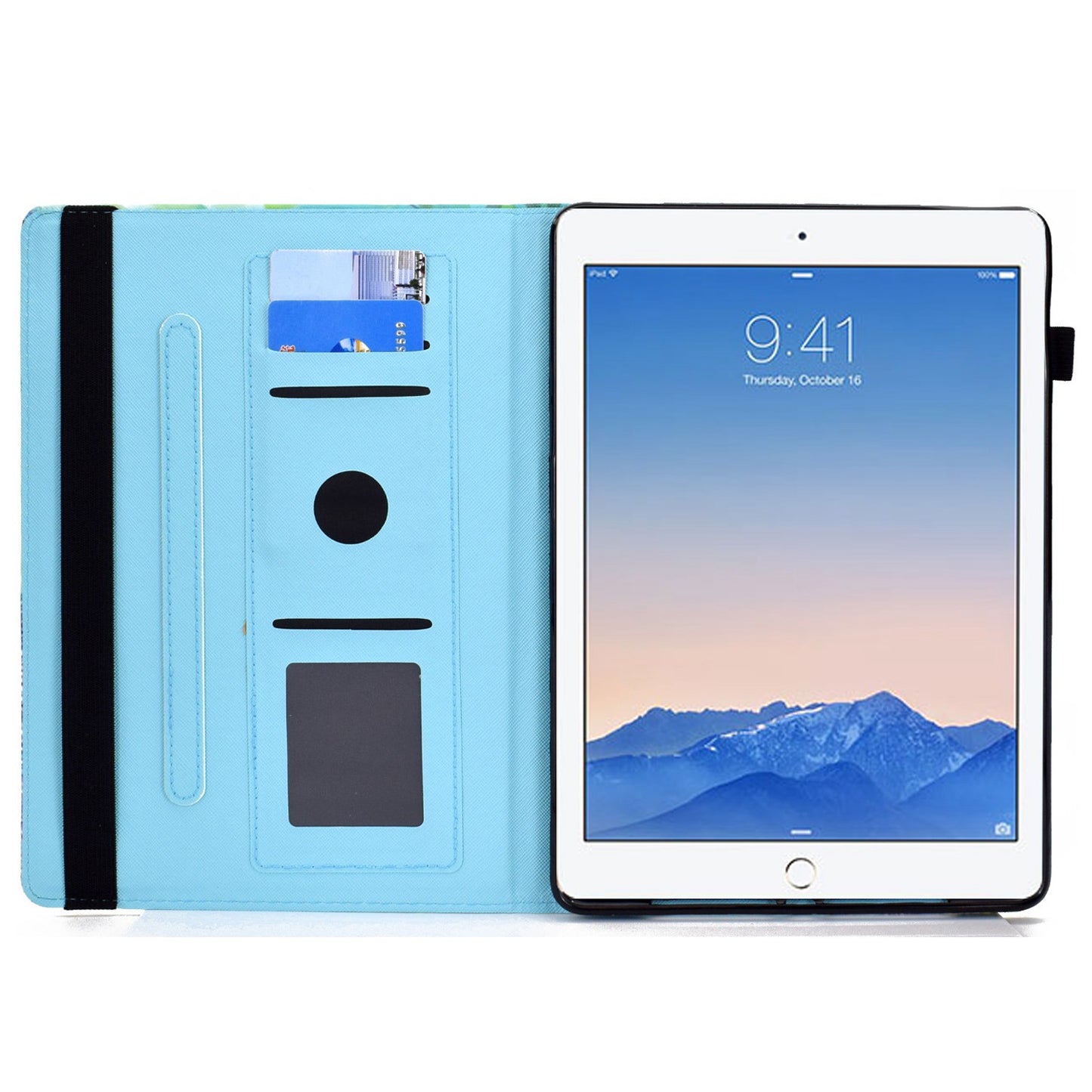 For iPad Air (2013) / Air 2 / iPad 9.7-inch (2017) / (2018) Stitching PU Leather Tablet Cover Pattern Printing Stand Card Holder Case with Elastic Band Closure