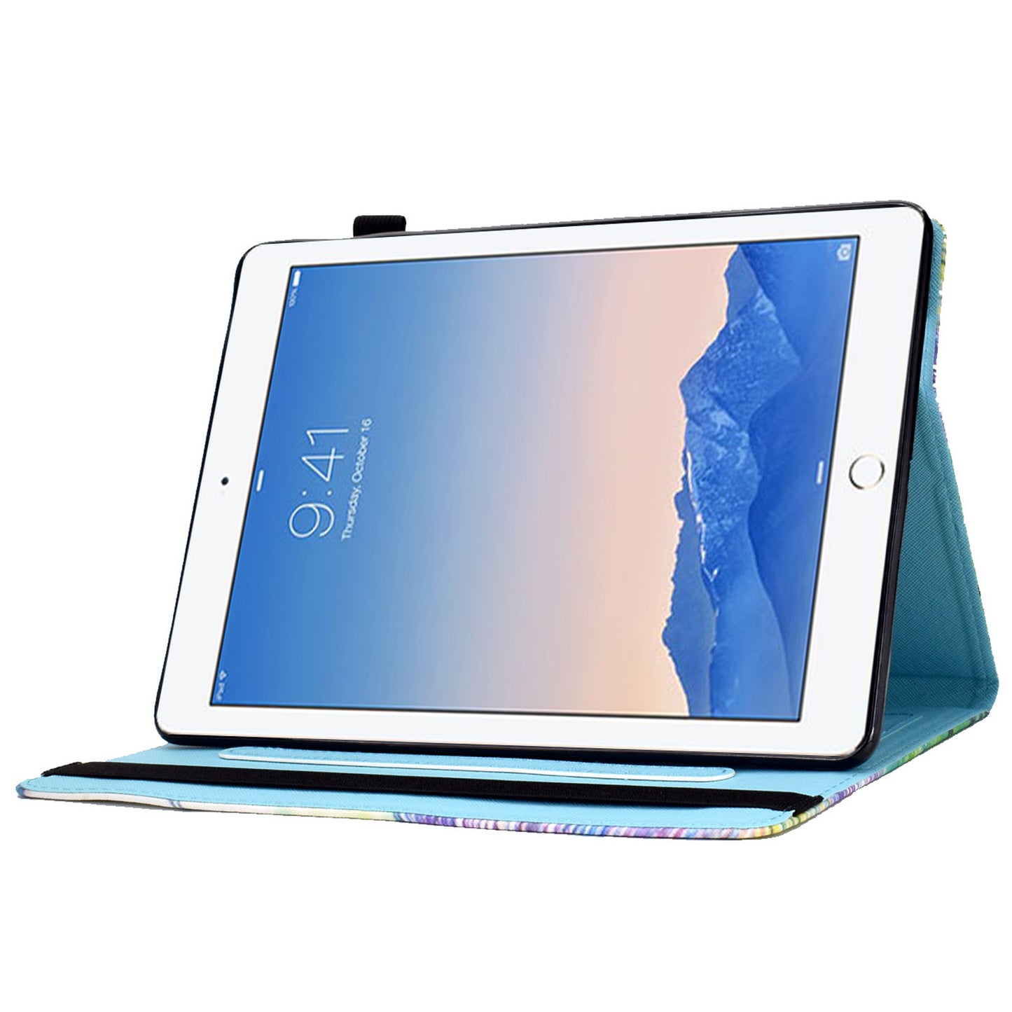 For iPad Air (2013) / Air 2 / iPad 9.7-inch (2017) / (2018) Stitching PU Leather Tablet Cover Pattern Printing Stand Card Holder Case with Elastic Band Closure