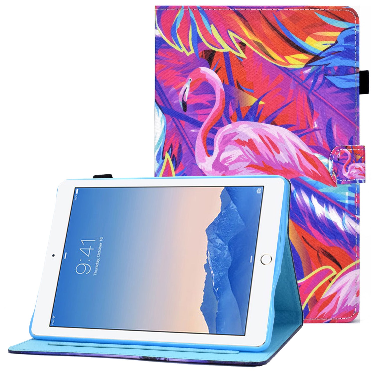 For iPad Air (2013) / Air 2 / iPad 9.7-inch (2017) / (2018) Stitched Leather Case Protective Tablet Cover Pattern Printed Magnetic Closure Shockproof Cover with Stand  /  Card Slots