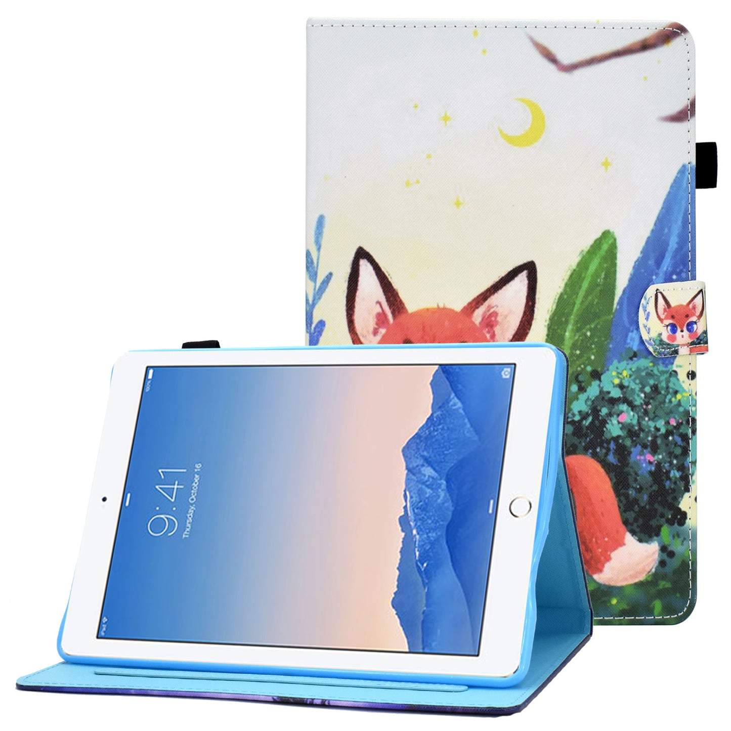 For iPad Air (2013) / Air 2 / iPad 9.7-inch (2017) / (2018) Stitched Leather Case Protective Tablet Cover Pattern Printed Magnetic Closure Shockproof Cover with Stand  /  Card Slots