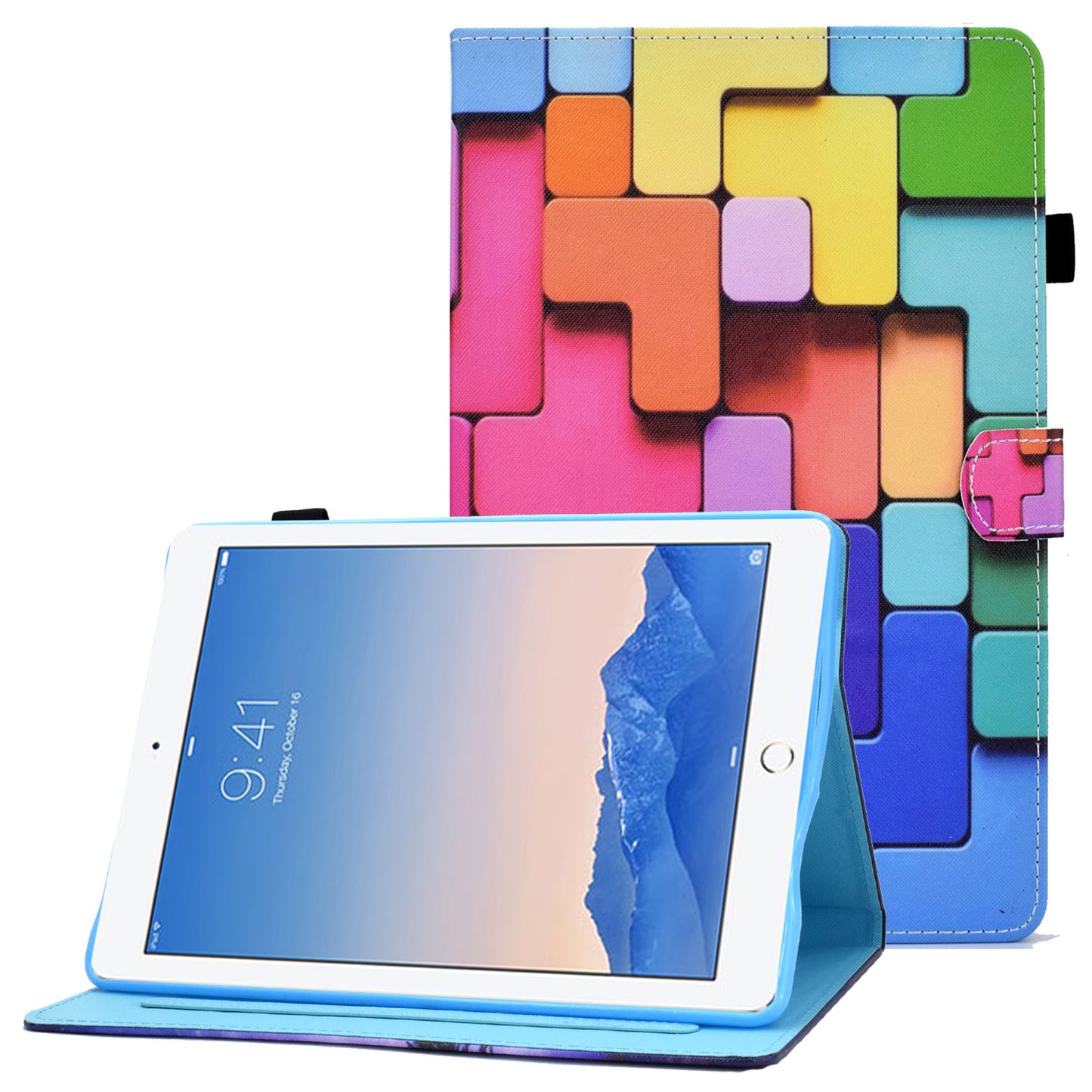 For iPad Air (2013) / Air 2 / iPad 9.7-inch (2017) / (2018) Stitched Leather Case Protective Tablet Cover Pattern Printed Magnetic Closure Shockproof Cover with Stand  /  Card Slots