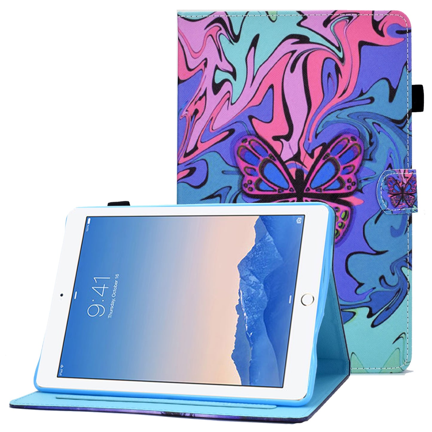 For iPad Air (2013) / Air 2 / iPad 9.7-inch (2017) / (2018) Stitched Leather Case Protective Tablet Cover Pattern Printed Magnetic Closure Shockproof Cover with Stand  /  Card Slots