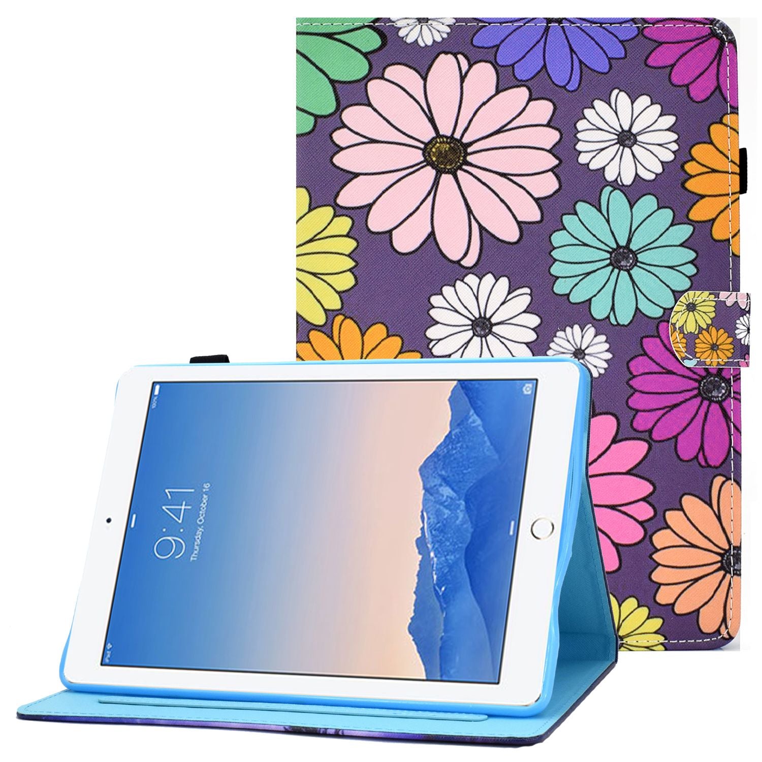For iPad Air (2013) / Air 2 / iPad 9.7-inch (2017) / (2018) Stitched Leather Case Protective Tablet Cover Pattern Printed Magnetic Closure Shockproof Cover with Stand  /  Card Slots