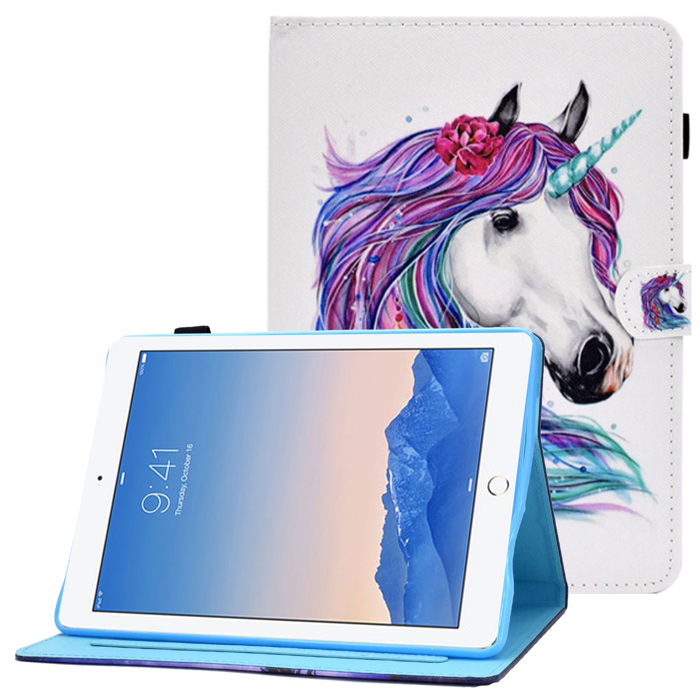 For iPad Air (2013) / Air 2 / iPad 9.7-inch (2017) / (2018) Stitched Leather Case Protective Tablet Cover Pattern Printed Magnetic Closure Shockproof Cover with Stand  /  Card Slots