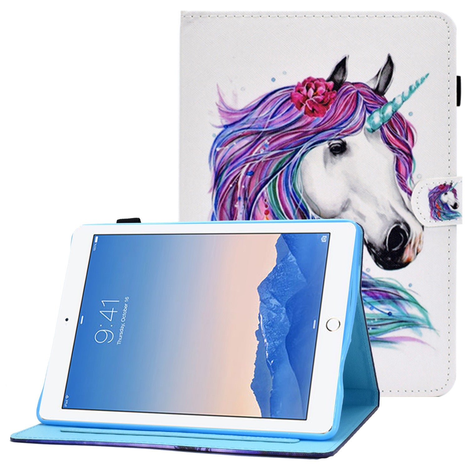 For iPad Air (2013) / Air 2 / iPad 9.7-inch (2017) / (2018) Stitched Leather Case Protective Tablet Cover Pattern Printed Magnetic Closure Shockproof Cover with Stand  /  Card Slots