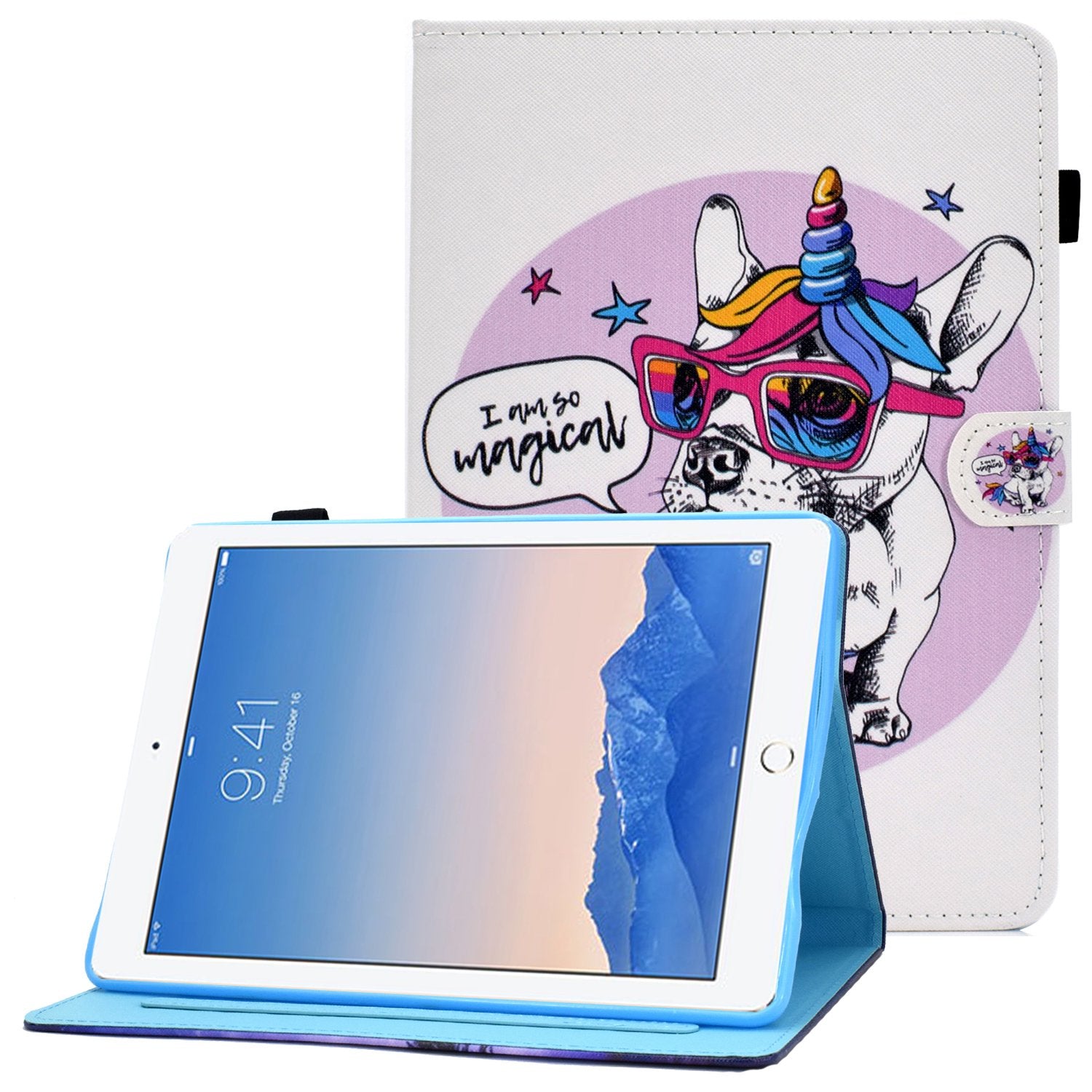 For iPad Air (2013) / Air 2 / iPad 9.7-inch (2017) / (2018) Stitched Leather Case Protective Tablet Cover Pattern Printed Magnetic Closure Shockproof Cover with Stand  /  Card Slots