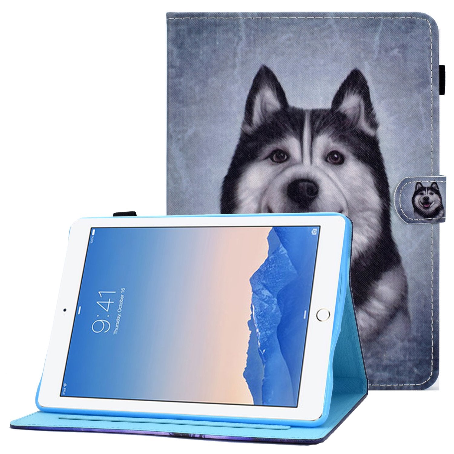 For iPad Air (2013) / Air 2 / iPad 9.7-inch (2017) / (2018) Stitched Leather Case Protective Tablet Cover Pattern Printed Magnetic Closure Shockproof Cover with Stand  /  Card Slots