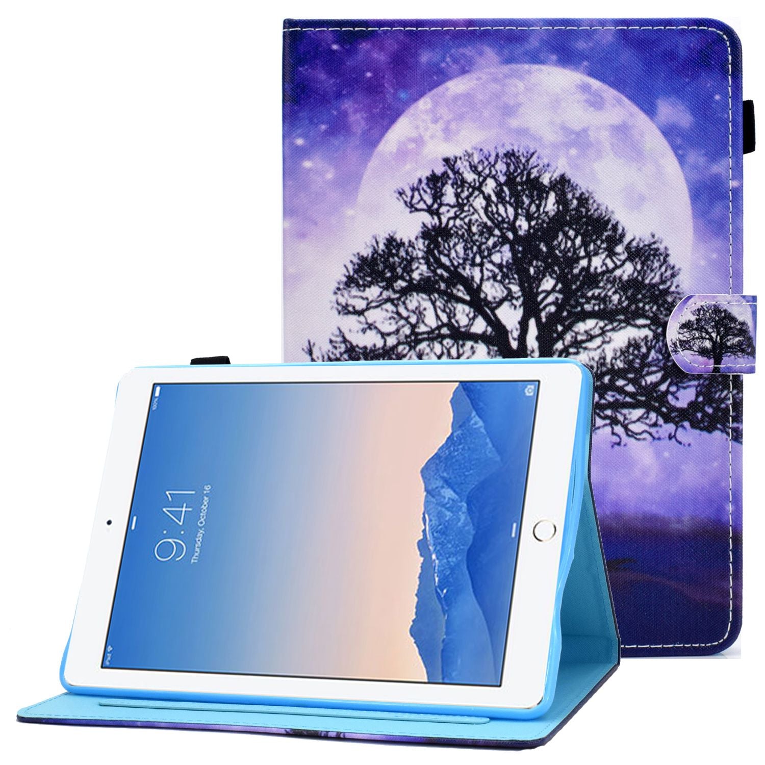 For iPad Air (2013) / Air 2 / iPad 9.7-inch (2017) / (2018) Stitched Leather Case Protective Tablet Cover Pattern Printed Magnetic Closure Shockproof Cover with Stand  /  Card Slots