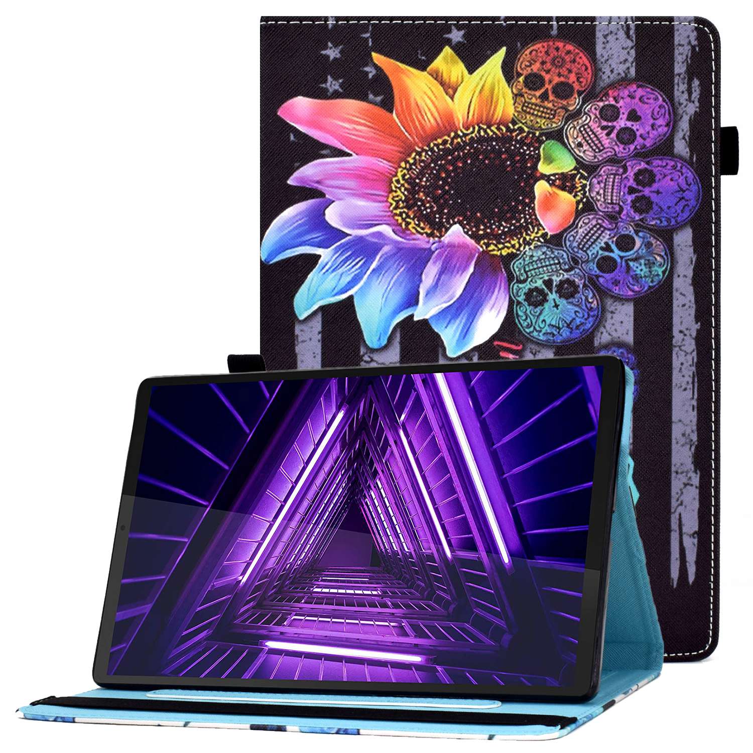 Tablet Case For Lenovo M10 FHD REL / M10 Plus X606F Pattern Printing Stitching Line PU Leather Protective Cover Stand with Elastic Band and Card Slots