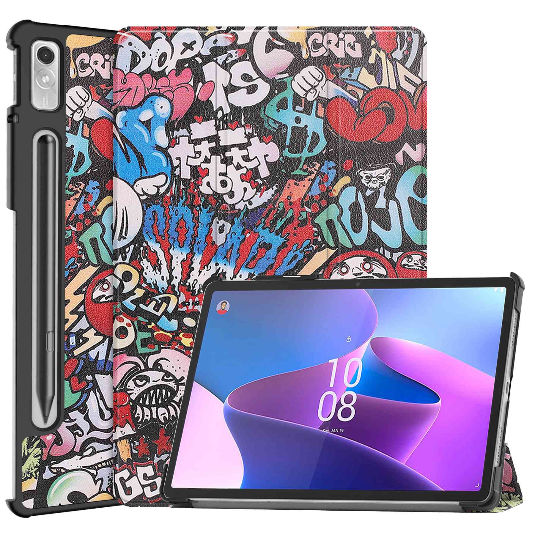 For Lenovo Tab P11 Pro Gen 2 Tri-Fold Stand Tablet Case Pattern Printing PU Leather Auto Wake / Sleep Cover with Pencil Holder