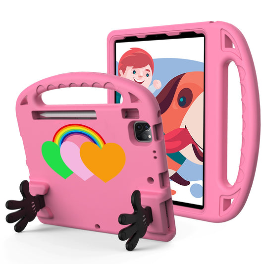 For iPad Air (2020)  /  iPad Pro 11 (2018) / (2020) / (2021) / (2022) EVA Shockproof Case Love Heart Pattern Palm Shape Anti-Drop Tablet Kickstand Case with Grip Handle